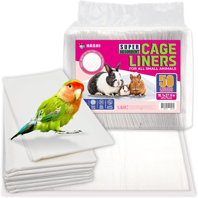 HA SHI Absorbent Bird Cage Liner Pads, 50 Count, 27.9 x 16.1 in, 5-Layer | 50 disposable 5-layer cage liner pads, 27.9 x 16.1 in. Absorbent with a leak-resistant backing; trim to fit, easy cleanup.