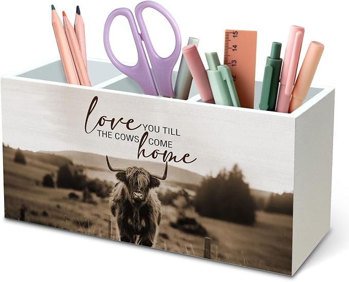 DILSJ Western Highland Cow Pen Pencil Holder Organizer for Desk, Highland Cow Gifts, Rustic Farmhouse I Will Love You Till the Cows Come Home Wooden Box Signs for Home Office Desk Tabletop Decoration
