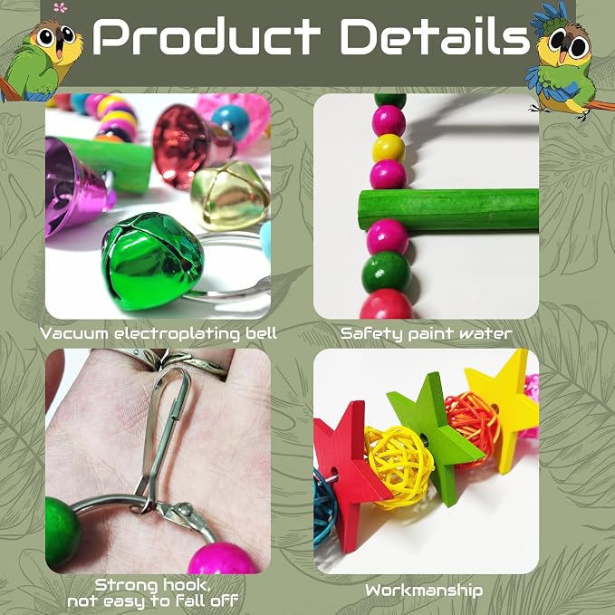 Parakeet Toys,7 Pcs Colorful Bird Toys for Parakeets,Pet Bird Cage Hammock Swing Climbing Ladders Chewing Toy Mirror Hanging Bell Wooden Perch for Budgerigar,Conures, Love Birds,etc | Swing Climbing Ladders Chewing Toy Mirror Hanging Bell Wooden Perch,...