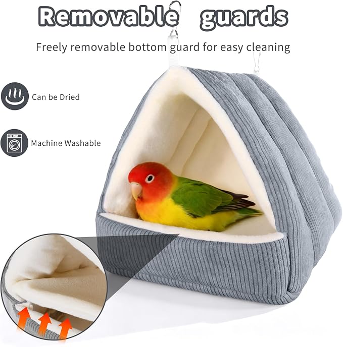 Small Winter Warm Bird Bed for Cage with Soft Plush Hanging Hammock & Hut Tent, Hideaway Sleeping Nest for Budgies, Cockatiels, Small Animals, and Guinea Pig Hideouts (Grey, S)