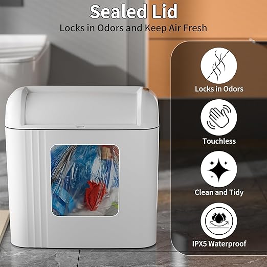 Smart Trash Can with Lid, 3.5 Gallon Infrared/Vibration Sensing Electric Garbage Can, Waterproof Automatic Trash Bin, Inteligent Induction Wastebasket for Bathroom, Bedroom, Powder Room, Living Room
