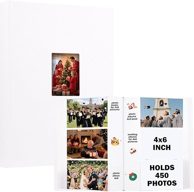 Ruibytree Photo Album 4x6 450 Photos with Writing Space,PU Leather Cover with Front Window Picture Album,4 x 6 Photo Book for Wedding Kids Travel Family Baby Vacation Couple (White)