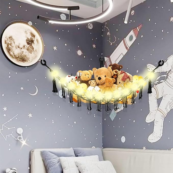 CERETIA Stuffed Animal Hammock with LED Light, Large Stuffed Animals Storage Corner Plushie Net for Kids Room Decor, 2 Packs Black