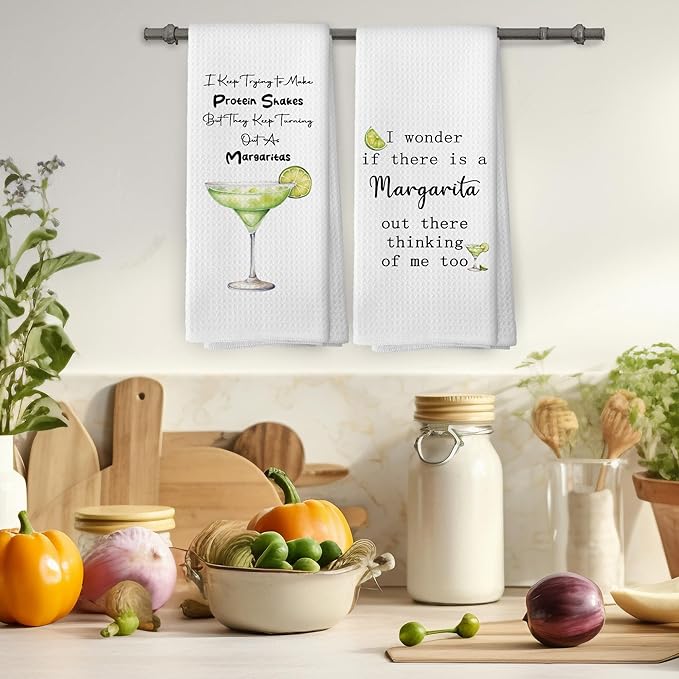 Funny Margarita Kitchen Towels Set of 2, Bar Towels for Kitchen, Margarita Lovers Gift I Keep Trying to Make Protein Shakes Hand Towel, Margaritas Bar Cart Decorative Tea Towel 16x24 Inch