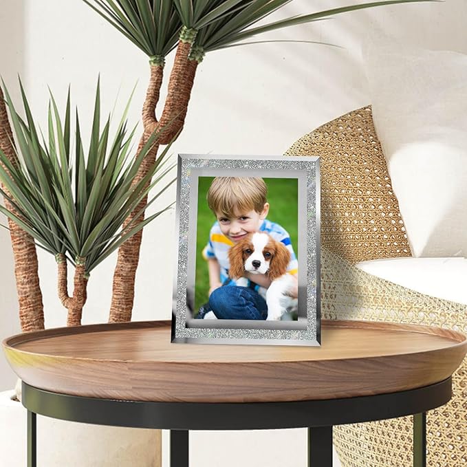 5x7 Picture Frames Silver - Set of 4, Sparkle Real Glass 5 by 7 Photo Frame Mirrored Edge Great Gift, for Tabletop Display, Wedding Birthday Christmas Day Gifts (5 x 7, Glitter Silver)