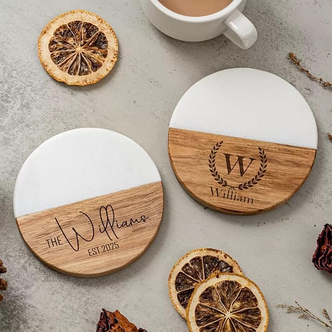 Set of 4 Personalized Coasters Wedding Gift for Couple Custom Custom Wood Bar Coasters for Drinks with Monogram Engraved Great Newlywed