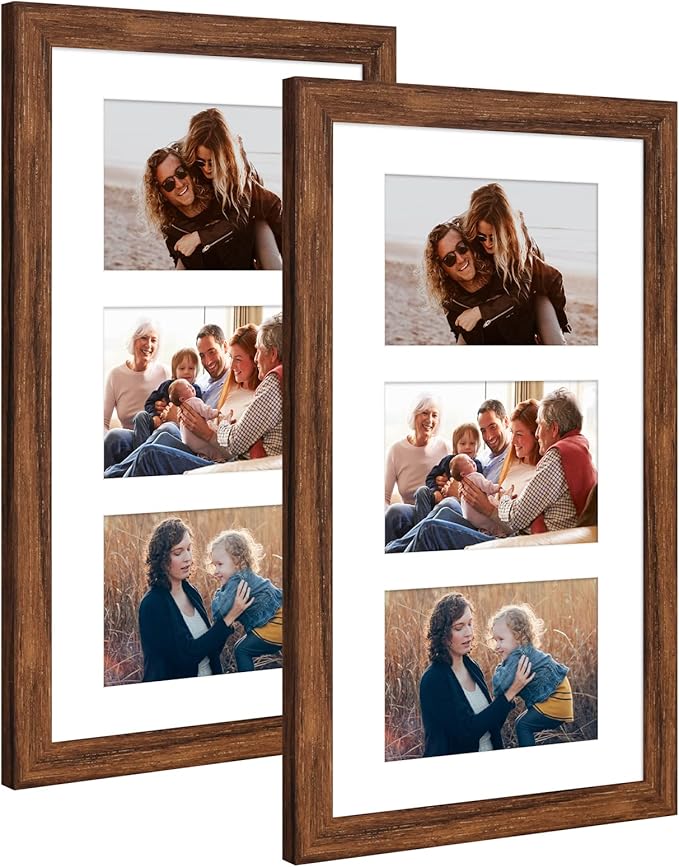 8x14 Collage frame with 3 Openings 4X6 Pictures, Multiple Picture Frame with Mat, Wall or Tabletop Decor, Carbonized Brown Wood Grain,2 Pack