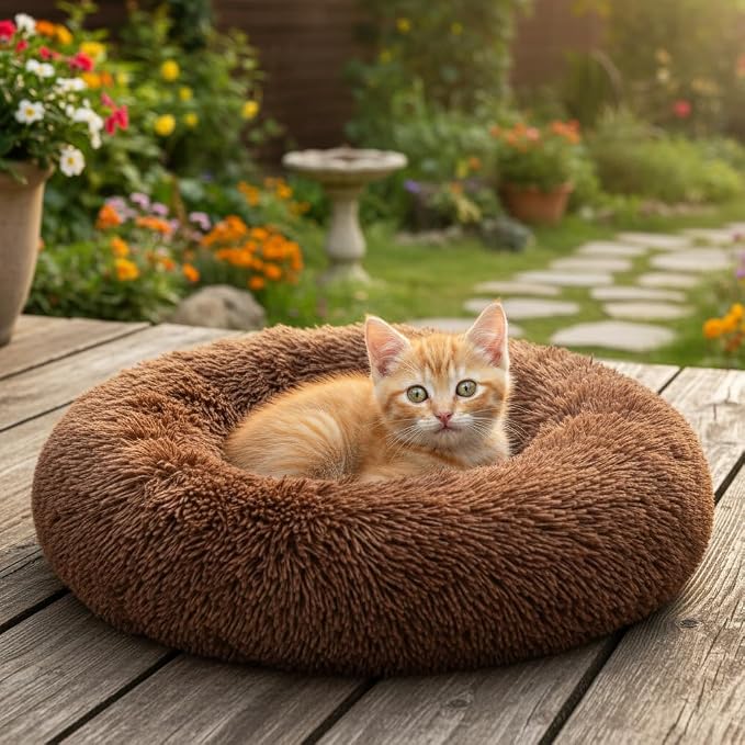 Soft Plush Round Pet Bed for Cats or Small Dogs, Mini Sized Dog Cat Bed | Soft Long Shag Faux Fur, Warming Cushion, Anti Slip Water Resistant Base, Machine Washable for Kittens, Ferret, Bunny Pets