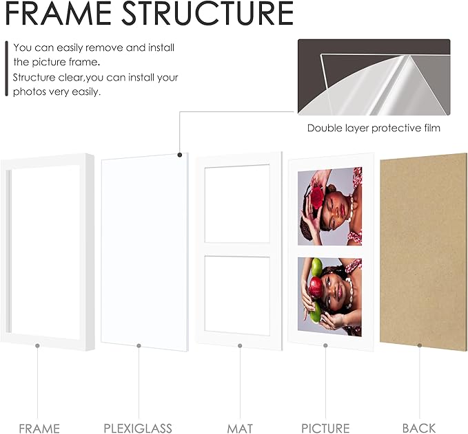 8x10 Double Picture Frame For Displaying Double 4x6 Picture Frame for Wall Mounting or Tabletop, White.