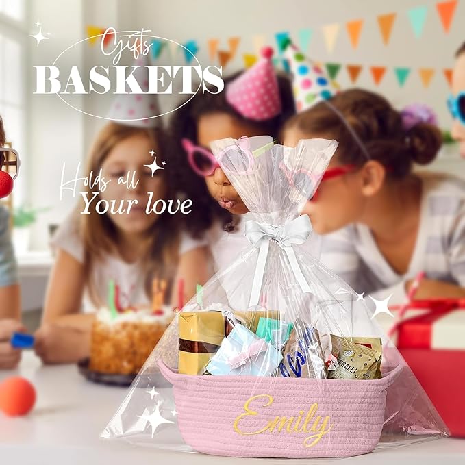 HUTARIO Personalized Woven Christmas Burr Basket Embroidered Name with Gift Bags and Ribbons,Empty Small Rope Basket，Durable Storage Custom Pink Basket with Handles for Baby Showers,12"×8"×5"
