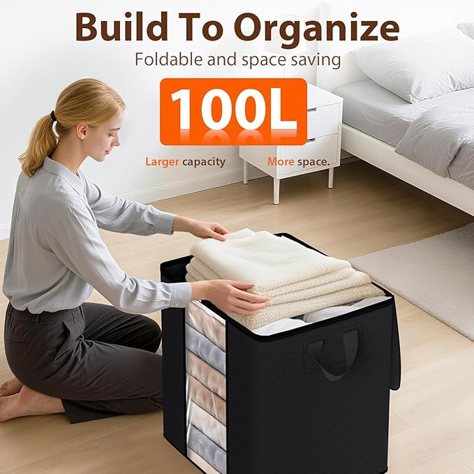 SpaceWhisper 3 Pack 100L Clothes Storage, Foldable Thick Fabric Blanket Storage Bags, Containers for Organizing Bedroom, Closet, Clothing, Comforter,Closet Organization with Handle,Black