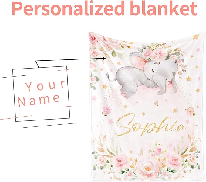 Personalized Elephant Blanket with Name for Girl, Custom Name Blanket for Teen, Soft Flannel Pink Elephant Blankets Customized Gift for Birthday 50"x60"