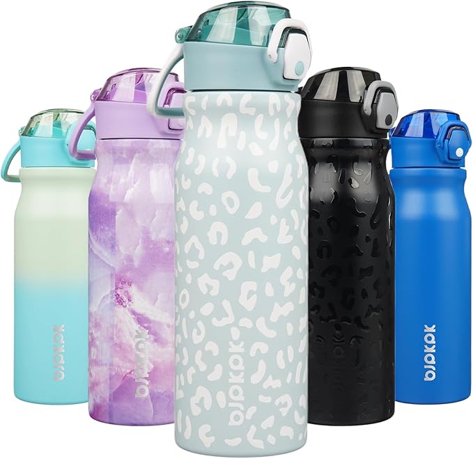 BJPKPK Water Bottle with Straw 25oz Insulated Water Bottles Reusable Stainless Steel Metal Thermal Flask with Leak Proof Lockable Lid and Carry Handle,Light Blue Leopard