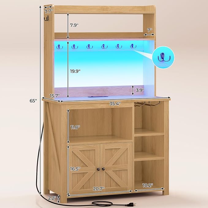 Itaar 35.4 inch Bakers Rack with Power Outlet and Storage, Farmhouse Coffee Bar Cabinet, Microwave Stand Kitchen Cabinet with Hutch, LED Lights, Wine Glass Holder and 8 Hooks, Oak