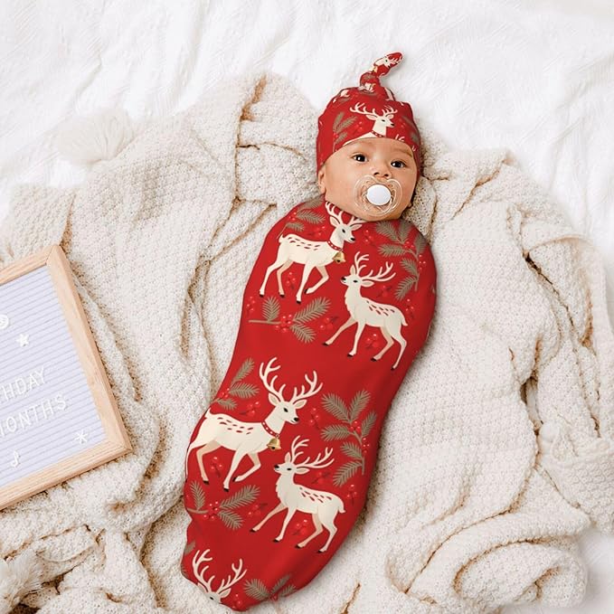 Christmas Baby Swaddle Blanket and Hat Set for Newborn Boys Girls Soft Infant Wrap Sleep 0-6 Months Two Deers