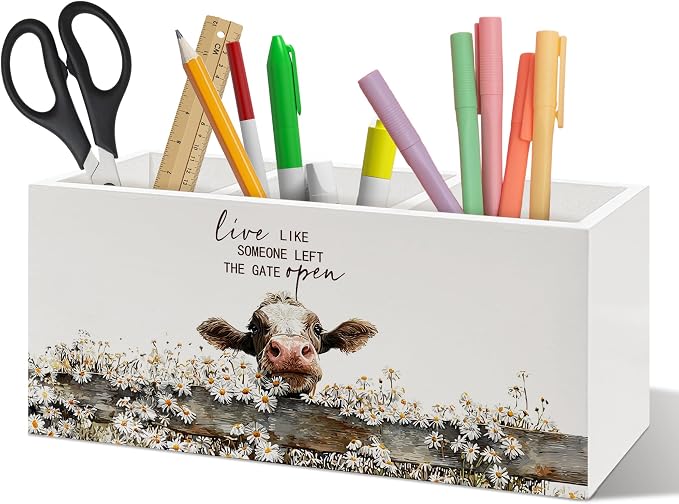 Rustic Cow Pen Holder Organizer, Farmhouse Cow Gifts for Women Cowlovers Desk Decor, Live Like Someone Left the Gate Open Wooden Pen Pencil Holders for Vintage Desk Accessories