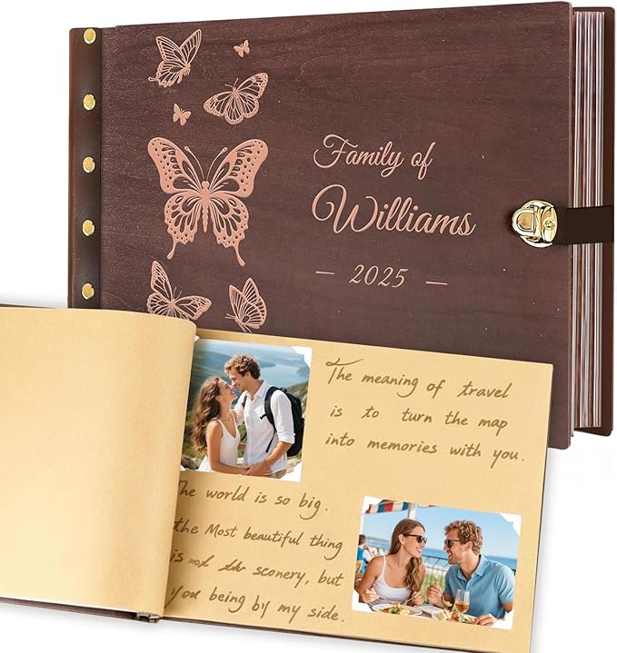 Personalized Wooden Memory Book, Photo Album 4x6 with Writing Space, DIY Family Photo Album Binder, Wedding Scrapbook Engagement Photo Book for Custom Honeymoon Gift