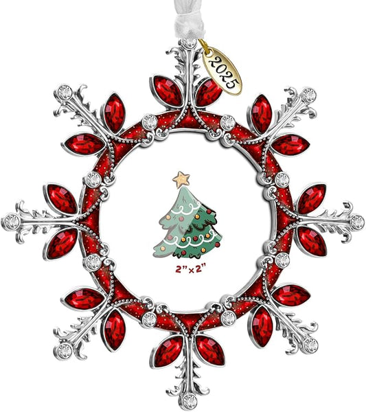 2025 Christmas Tree Ornament Snowflake Picture Frame Metal Hanging Pendant Holiday 2" Photo Frame Charm Decorative of Pets, Baby First Christmas, Family (Red)