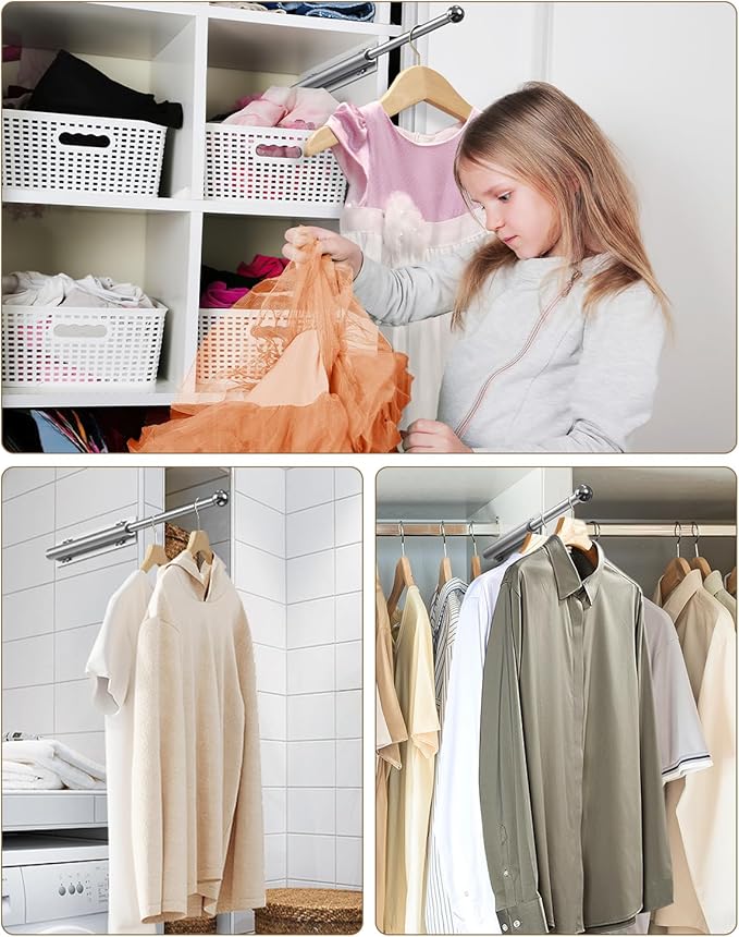 Valet Rod for Closet Pull Out, Retractable Slide Out Valet Rod Closet Organization, 12" Aluminum Valet Clothing Hanger Rods Perfect for Suits, Freshly Pressed Clothes, White