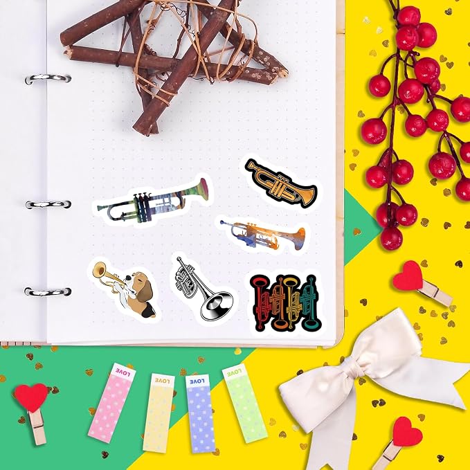100Pcs Trumpet Stickers for Water Bottle and Laptop - Musical Party Supplies & Decorations, Waterproof Vinyl Instrument Decals, Trumpet and Jazz Stickers Laptop Decals, Gifts for Women & Men