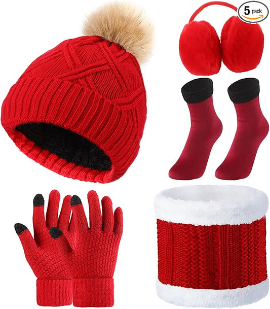 SATINIOR 5 Pcs Winter Hat Scarf Gloves Set Fleece Warm Lined Knit Beanie Hat Touch Screen Earmuff Gloves Warmer for Women(Red,Stylish Style)