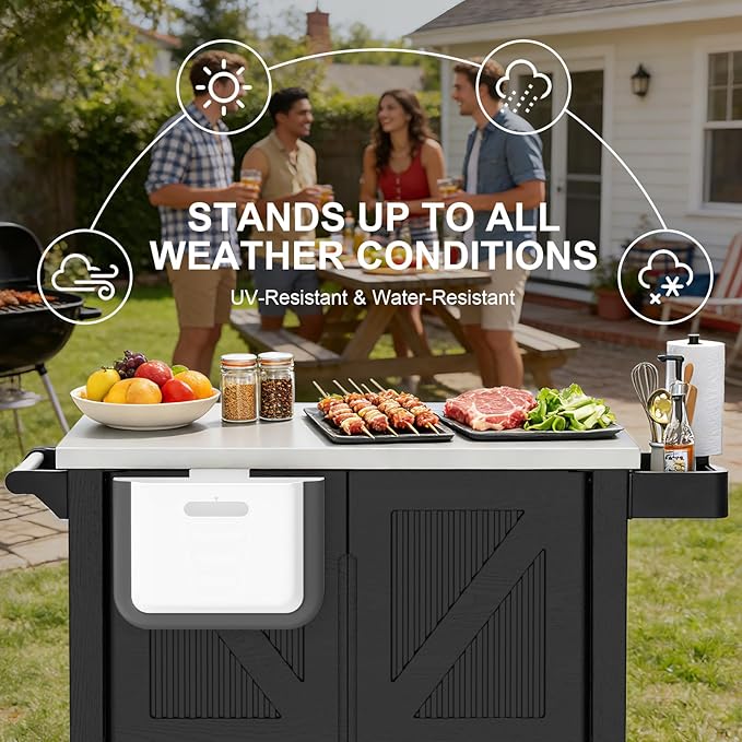 Outdoor Grill Cart with Storage Cabinet, Movable Kitchen Island with Stainless Steel Countertop, 4 Swivel Wheels, PP Material Rolling BBQ Food Prep Table Cart for Patio, Poolside, Black