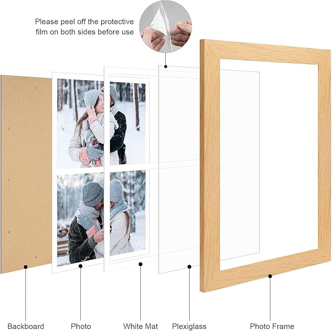 11x17 Picture Frame Display 2 opening 8X10 Double Picture Frame Collage,Multi Photo Frame with Mat,Plexiglass,Wall Mount Decor,Natural Wood Grain