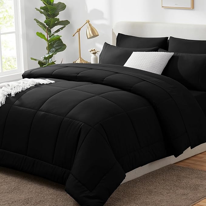 CozyLux Oversized Queen Comforter Sets Black, 7 Pieces Bed in a Bag, Ultra-Soft All Season Bedding Sets with Stitch Quilted Comforter, Flat Sheet, Fitted Sheet, Pillowcases, Black