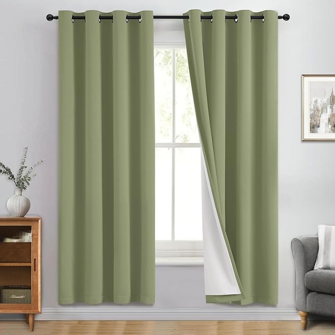 Yakamok 100% Blackout Curtain Panels 72 inches Cold and Light Blocking Drapes for Nursery, 2 Thick Layers Thermal Insulated Draperies (2 Pieces, 50 Wide Each Panel, Sage Front with White Backing)
