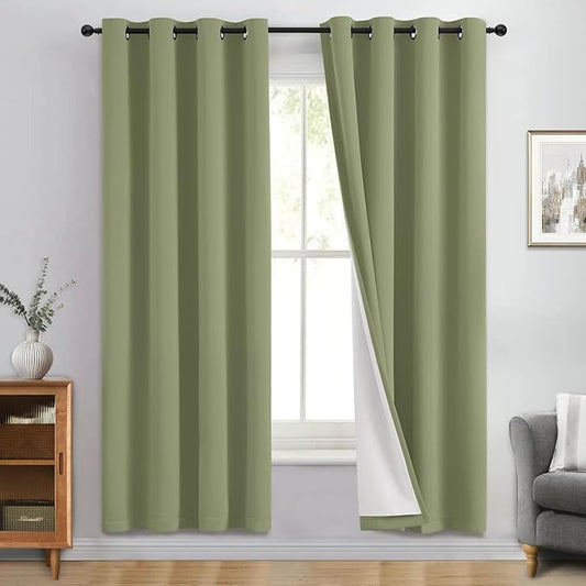 Yakamok 100% Blackout Curtain Panels 72 inches Cold and Light Blocking Drapes for Nursery, 2 Thick Layers Thermal Insulated Draperies (2 Pieces, 50 Wide Each Panel, Sage Front with White Backing)