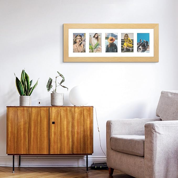 8x24 Picture Frame Display 5 opening 4X6 Picture Frame Collage,Multi Photo Frame with Mat,Plexiglass,Wall Decor,Natural Wood Grain