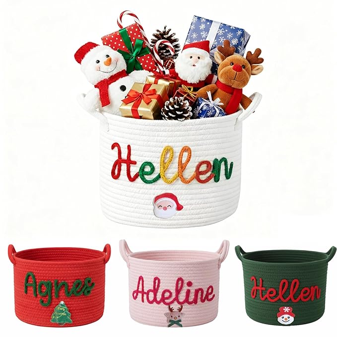 Custom Christmas Baskets for Gifts Empty, Personalized Woven Gift Basket with Kids Name, Baby Toy & Gifts Storage Basket With Name, Christmas Gift for Baby Kids Toddler