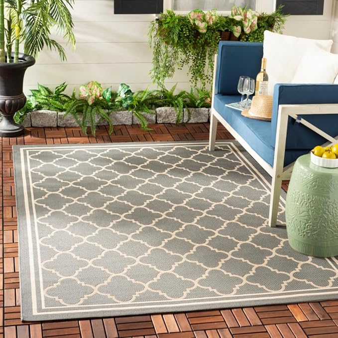 SAFAVIEH Washable Rug Outdoor Courtyard Collection - 6'7" x 9'6", Anthracite & Beige, Non-Shedding & Easy Cleaning, Ideal for Patio, Backyard, Mudroom (CY6918-246)