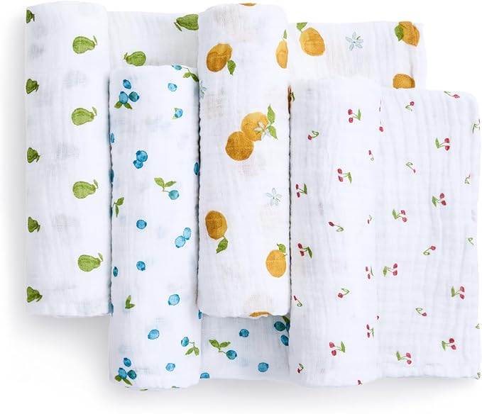 aden + anais Boutique Organic Swaddle Blanket 4-Pack – 100% Organic Cotton Muslin, Large, Soft, Breathable Receiving Blankets for Infants – Lightweight Multi-Use Baby Swaddles, Fresh Fruit
