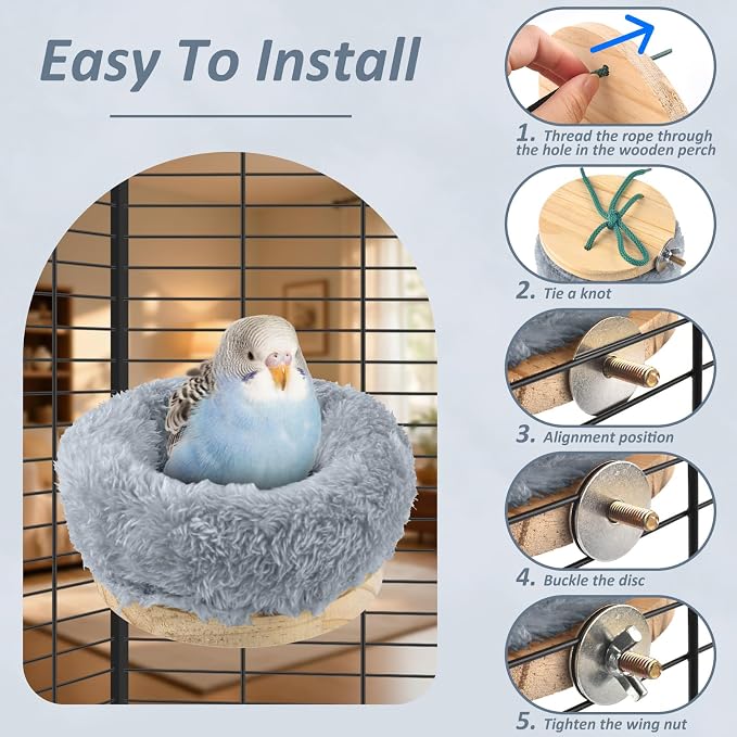 DBNESS Small Bird Nest for Cage, Removable Plush Parrot Hammock Warm Resting Perch Platform for Budgies Cockatiel Conure Parakeet Hamster Washable Breeding Sleeping Lay Eggs Nesting (Grey, S)