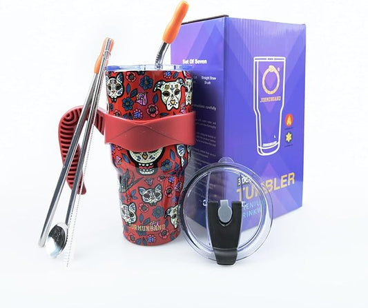 Jormungand 30 oz Tumbler with Handle and Straw Stainless Steel Vacuum Insulated Water Bottle Cup Holder Friendly Coffee Mug with Leak Proof Lid Gift for Women&Men Red Sugar Skull