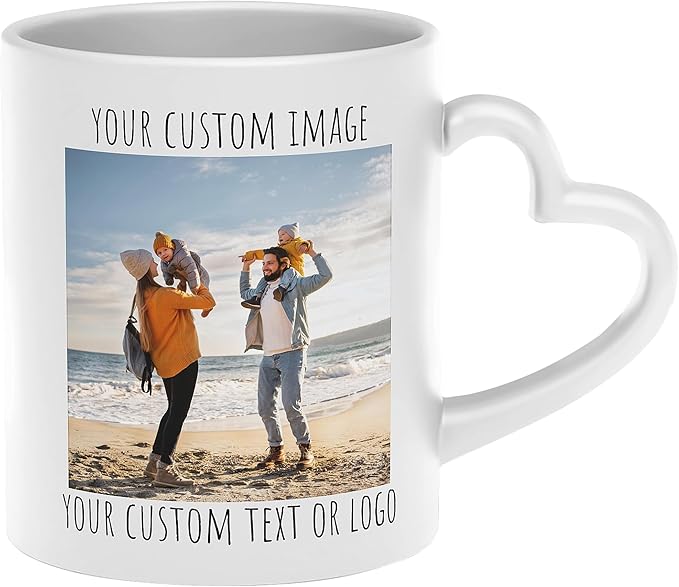 Personalized Heart Handle Coffee Mug – Custom Coffee Mug with Photo, Text or Logo | Taza Personalizada | Unique Personalized Gifts for Mom, Boyfriend, Girlfriend, Best Friend, Christmas | White - 11oz