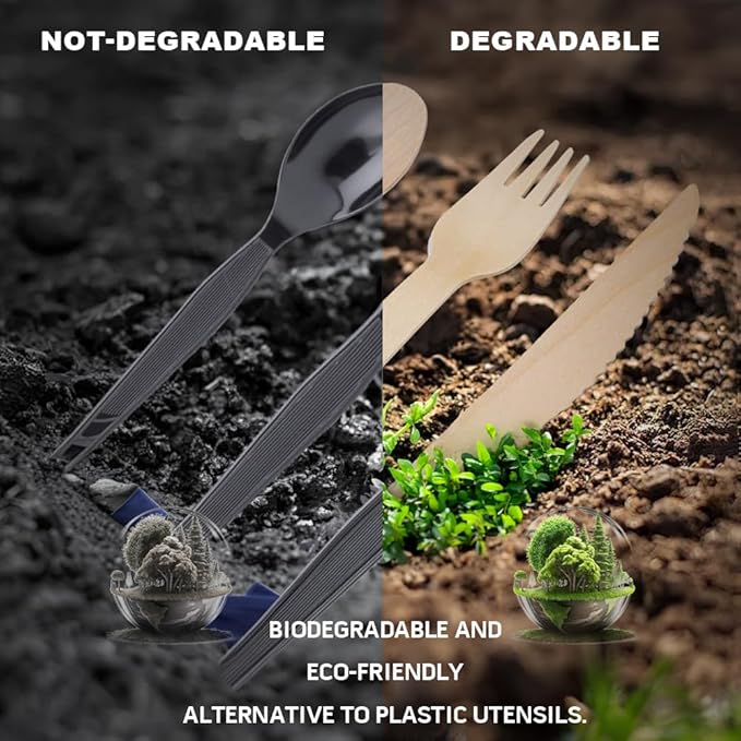 Disposable Wooden Cutlery Set - 360 Pcs Compostable Utensils [180 Forks, 60 Knives, 120 Spoons], Biodegradable Eco-Friendly Wooden Utensil Set, Disposable Cutlery for Parties Camping