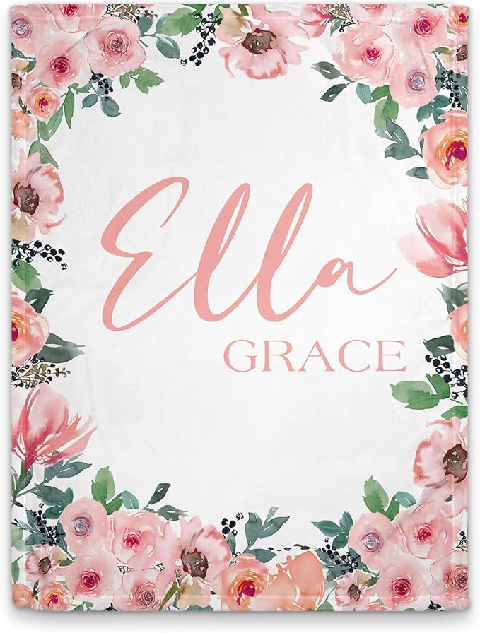 Girls Love A Monogram - Personalzied Custom Pink Floral Baby Blankets for Girls with Name - Personalized Girl Shower Gifts (Pink Blushing 2, 30 X 40 Baby)