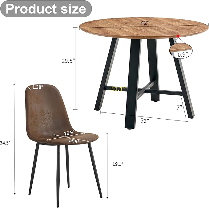 Round Dining Table Set for 4, Round Kitchen Table and Chairs Set for 4,Modern 42" Wood Dining Room Table Set & PU Leather Chairs for Small Space Kitchen Apartment Office