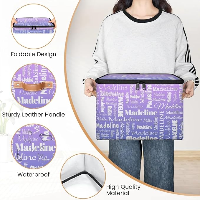 Custom Storage Basket with Name, Personalized Keepsake Box with Zipper Lid, Foldable Fabric Memory Bin Large capacity with Handle Purple