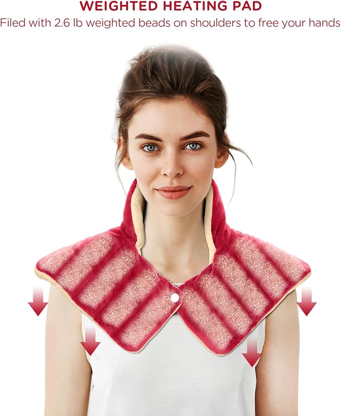 Heating Pad for Neck and Shoulders and Back, Comfytemp Weighted Electric Heat Pad for Warmth, 2.6lb Large Heated Wrap, 9 Heat Settings, 11 Auto-Off, Women Men Birthday Gifts Red