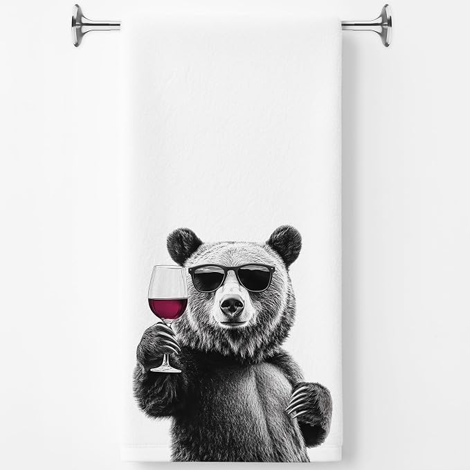 Funny Bear Wine Kitchen Towels, Black Bear Gifts Dish Tea Towels for Kitchen Decor, Bar Towel for Bartender Kitchen, Wine Lover Gift, 16x24 Inch（Upgraded Fabric）