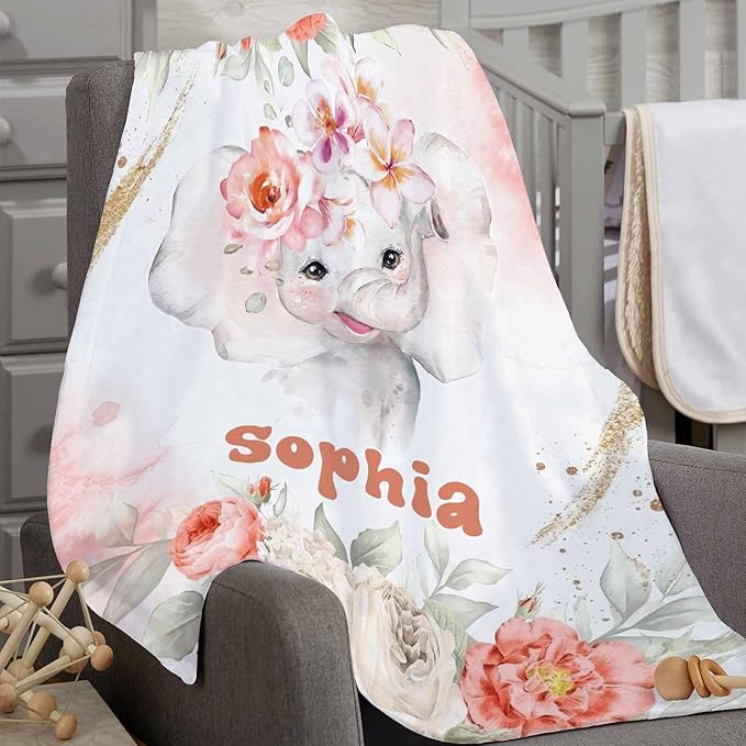 D-Story Ship Next Day, Custom Blankets Personalized Throw Blanket with Names Customized Elephant Blanket for Girls Kids Adult Birthday Gift