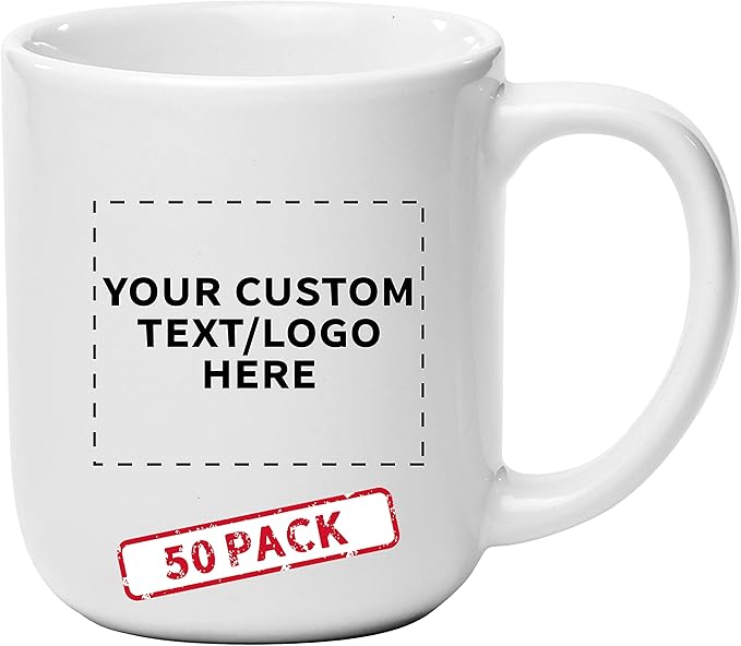 DISCOUNT PROMOS Custom Vibrant Color Glossy Ceramic Mugs 16 oz. Set of 50, Personalized Bulk Pack - Perfect for Tea, Espresso, Cappuccino, Hot Cocoa - White