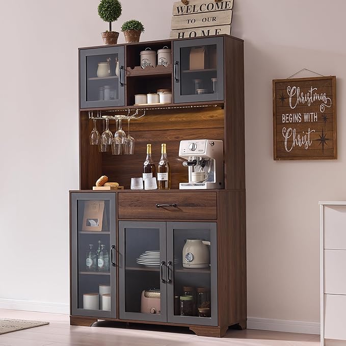 Fatmok 71" Pantry Cabinet with Wine Rack and Charging Station, Set of 2 Tall Coffee Bar Cabinets with LED Lights, Drawer, Adjustable Shelves, Kitchen Hutch Storage, Rustic Brown