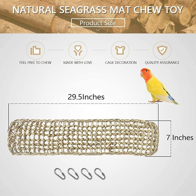 Bird Seagrass Mat 30 x 7 Inch Parrot Natural Seagrass Woven Net Hammock Parakeet Climbing Rope Ladder Mat Chew Toys Cage Accessories for Pigeon Macaw Cockatiel Conure Cockatoo Rat Bearded Dragon