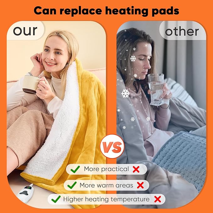 greenoak Heated Blanket Electric Full 72"X84", Heating Blankets with 10 Heat Levels /8 Hours Auto-Off, Soft Flannel Sherpa Fluffy House Warming Gifts for Grandma Seniors Mom,Ginger Yellow