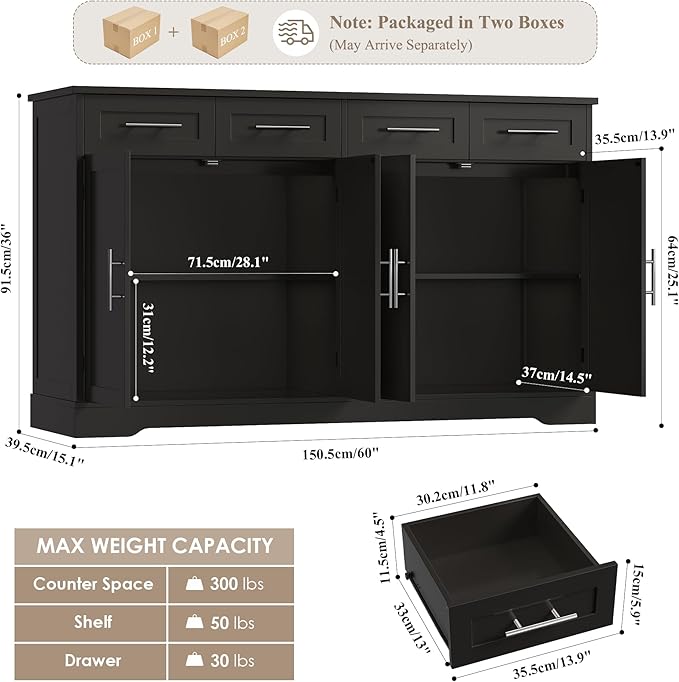 HOSTACK 60" Large Buffet Sideboard with Storage, 36" Tall Kitchen Buffet Storage Cabinet with 4 Drawer, Modern Coffee Bar Cabinet with Silver Handle, Long Sideboard Buffet Table for Kitchen, Black