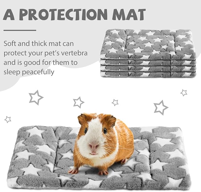 Haull 4 Pcs Waterproof Guinea Pig Bedding Soft Dog Cat Bed Crate Mat Small Animal Plush Cage Liners Rabbit Bunny Kennel Pad Reversible Cozy Pee Thickened Hamster Pad(Gray Star,13 x 10 Inch)